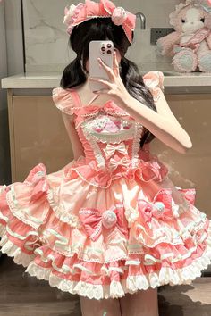 Pink Multi-Layered [Cream Strawberries] Print Ruffle Bowknot Sweet Lo – LolitaInside Pink Frilly Dress Aesthetic, Pink Clothes Aesthetic, Sweet Clothes, Frilly Dresses, Kawaii Fashion Outfits, Strawberry Print, Sweet Lolita, Alternative Outfits