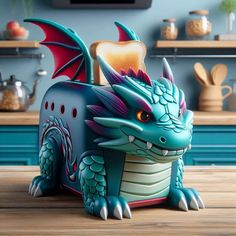 a blue dragon figurine sitting on top of a wooden table