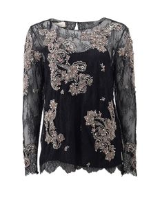 Marchesa chantilly lace top with beaded embellishment, wide scoop neckline, hook & eye closure and key hole, all-over lace, black camisole lining, scalloped hem and cuffs, long sleeve and a loose fit. 100% Polyester and 100% Silk Lining, Dry Clean Made in India, US Sizing Lace Camisole Top, Lacy Tops, Keyhole Top, Lace Cami Top, Poplin Top, Ralph Lauren Black Label, Black Camisole, Lace Top Long Sleeve, Lace Camisole