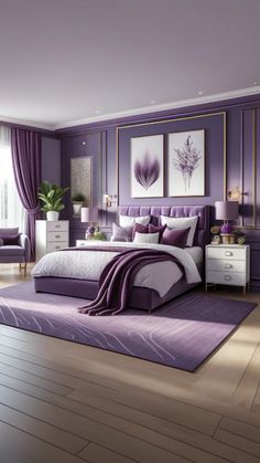 a bedroom with purple walls and white furniture