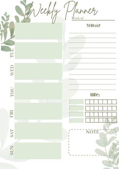 a printable weekly planner with green leaves on the side and white paper underneath it