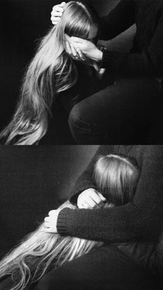 two photos of a woman with long hair and wearing a sweater, sitting on the floor