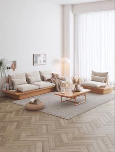 a living room with white walls and wood flooring is shown in this 3d image