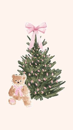 a watercolor painting of a teddy bear next to a christmas tree with pink bows