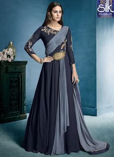 Splendorous Blue Color Faux Georgette New London Style Ready Made Anakali Suit. Gown Indian Style, Gown Indian, Anarkali Salwar, Indian Party Wear, Indian Gowns, Indian Dress