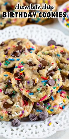 chocolate chip birthday cookies with sprinkles on a white plate and text overlay