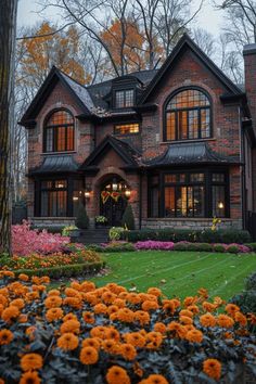 a large brick house with lots of windows and flowers in the front yard at dusk