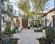 an outdoor courtyard with benches and potted trees