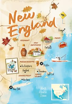 an illustrated map of new england with all the towns and places to go on it