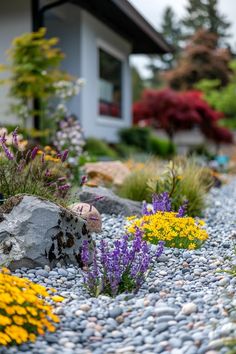 flowers and rocks in front of a house