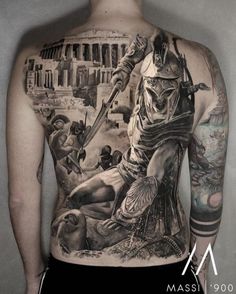 Black And Grey Full Back Tattoos, Justice Tattoo, Tattoo Ideas Inspiration, Gladiator Tattoo, Backpiece Tattoo, Spine Tattoo Ideas, Tato Minimal, Spartan Tattoo, Realistic Tattoo Sleeve