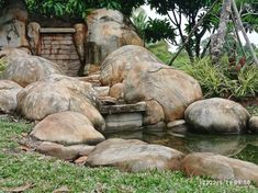 some rocks are in the water and grass