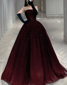 Strapless A-line Tulle Prom Dress Royal Ball Gown Aesthetic Black, Long Dark Dress Aesthetic, Pretty Gown Aesthetic, Dresses For A Queen, Red Fancy Outfits For Women, Dark Red Dress Long Elegant Prom, Black And Red Gown Elegant, Dark Red Gown Elegant, Pretty Gowns Princesses