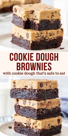 chocolate cookie dough brownies stacked on top of each other with text overlay that reads cookies dough brownies with cookie dough that's safe to eat