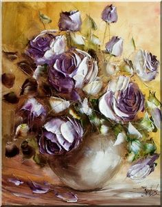 a painting of purple and white roses in a silver vase