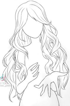 a drawing of a woman's face with long hair and hands on her chest