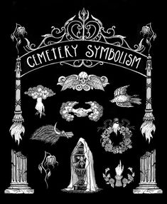 a black and white drawing of some symbols on a black background with the words cemetery symbol