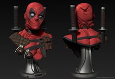 a red deadpool mask with two swords in it's hands, and the head is