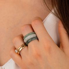 Elevate your style with our stunning Jadeite Jade Ring Set, featuring three uniquely carved bands. Each ring showcases the timeless beauty of Jadeite, exuding elegance and versatility.  This set cand be worn as 3 stackable rings all together for a bold statement, or spread them across multiple fingers for a delicate, layered look. The trio includes rings of different widths and shades, making it a standout addition to your jewelry collection.  Available in multiple sizes to ensure the ideal fit Jade Rings For Women, Garden Ring, Jade Rings, Ring Bands, Forever Jewelry, Jade Ring, White Jade, Jewelry Ring Box, Set Ring