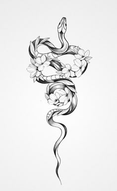 a drawing of a snake with flowers on it