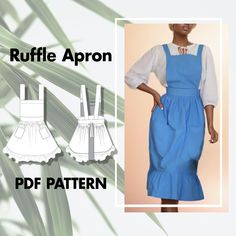 an image of a woman in blue aprons and white shirt with the words ruffle apron