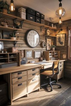 a home office with lots of shelves and drawers on the wall, along with a clock mounted to the wall