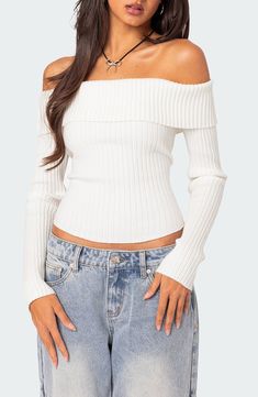 This chic sweater is knit with cozy ribbing in a shoulder-baring silhouette with a fold-over neckline. Off-the-shoulder neck Long sleeves 50% polyester, 50% rayon Machine wash, dry flat Imported Chic Sweaters, Thanksgiving Outfit, Women Sleeve, Ribbed Sweater, Fold Over, Long Sleeve Knit, Sweater Outfits, Pullover Sweaters, Women Long Sleeve