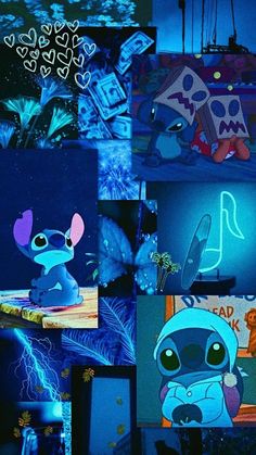 many different pictures are shown together in this collage with blue lights and cartoon characters