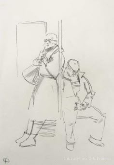 a drawing of a man looking at himself in the mirror while another person looks on