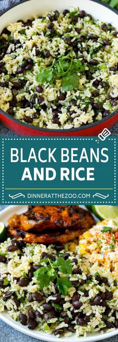 black beans and rice with cilantro on the side in a white bowl next to another dish