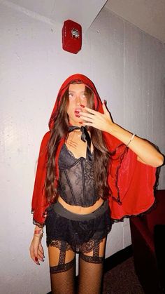 #halloween Hot Little Red Riding Hood Costume, Hot Brunette Costumes, Little Red Halloween Costumes, Little Red Riding Hood Costume Aesthetic, Halloween Red Costume, Hallowrrn Costumes Women, Solo Hot Halloween Costumes, Halloween Costume With Black Boots, Vampire Halloween Costume College