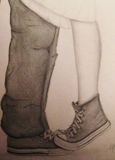 a drawing of two people standing next to each other with their feet on the ground