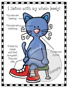 a blue cat sitting on top of a pair of shoes with the words, i listen to