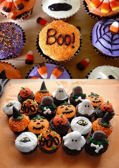 halloween cupcakes with boo written on them are arranged in the shape of pumpkins