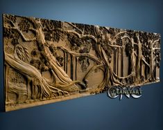 an intricately carved wall panel with trees on it