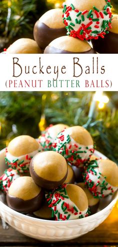 a bowl full of buckeye balls with christmas sprinkles on top and in the background