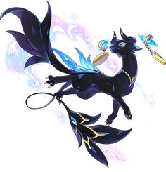 a black dragon with blue wings flying through the air and surrounded by stars, on a white background