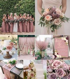 a collage of pink and green wedding colors