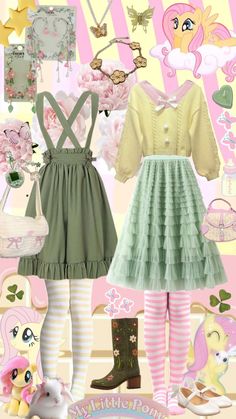 Fluttershy outfit 🩷 ✨☘️🍀 - - - #fluttershy #mlp #mylittlepony #mylittleponyfriendshipismagic #outfit #outfitinspo #outfitinspiration #fitinspo #collages #green #yellow #pink #aestehthic #pony #fluttershyoutfits #costume #halloween #soft #softgirl #coquette #cute #kawaii #colorful #skirt #dress #sweater #boots #shoes #flowers #tights #lolita #nature Fluttershy Inspired Outfits, Fluttershy Clothes Aesthetic, Fluttershy Outfit, Fluttershy Clothes, Fluttershy Equestria Girls Outfits, Fluttershy Mlp, Pink Fairy Kei Costume Dresses, Shoes Flowers, Colorful Skirt