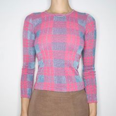 Shimmery Pink and Blue Plaid Top Metallic Yarn, Plaid Top, Black Zip Ups, Pullover Sweater Women, Plaid Tops