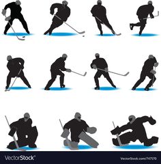 the silhouettes of hockey players in various positions and poses, including an iceman