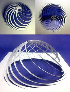 three different images of an object made out of paper and cut into smaller pieces, each with one spiral design