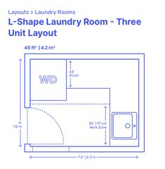 the l shape laundry room - three unit layout is shown with measurements for each area