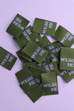 several green patches with white words on them