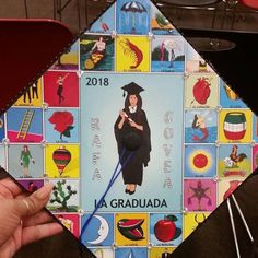 a graduation cap decorated with pictures and words