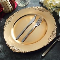 6 Pack | 13inch Gold Acrylic Round Dinner Charger Plates, Leaf Embossed Baroque Charger Plates Silver Chargers, Gold Charger Plate, Rectangle Plates, Glass Charger Plates, Gold Chargers, Cake Holder, Gold Baroque, Square Plates, Charger Plates