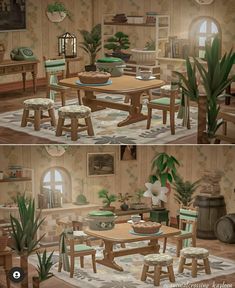 two pictures of a dining room and living room with plants on the tables, potted houseplants in pots