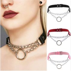 Adjustable From 13”-16 1/4”. Pu Leather One Size Fits Most Women Black Only At This Time Leather Choker Collars, Leather Choker Necklace, Collar Chain, Leather Ring, Leather Chokers, Round Circle, Chain Choker Necklace, Choker Collar, Collars For Women