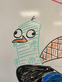 a drawing of a bird holding a piece of paper