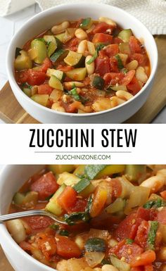 zucchini stew in a white bowl on a wooden cutting board with a spoon